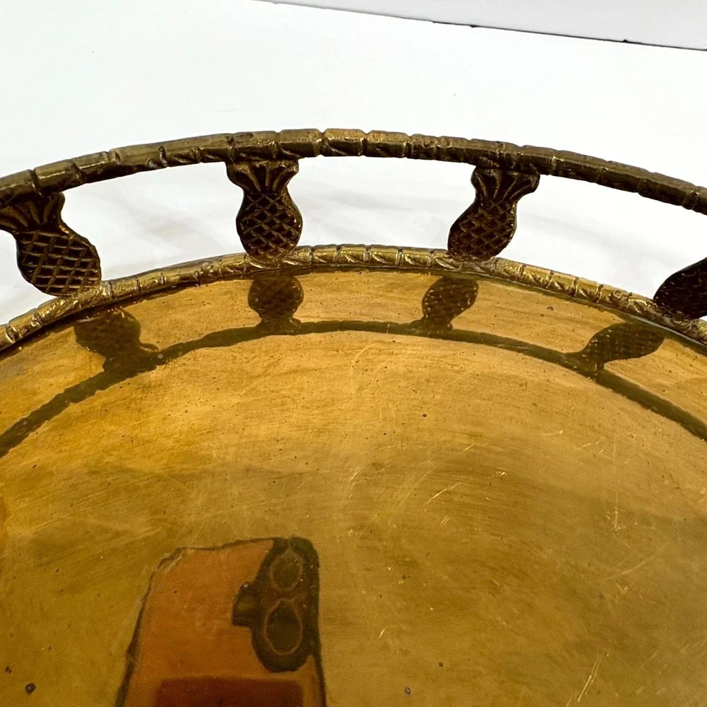 Vintage MCM Regency Brass Pineapple & Bamboo Rail‎ Oval Vanity Serving Tray